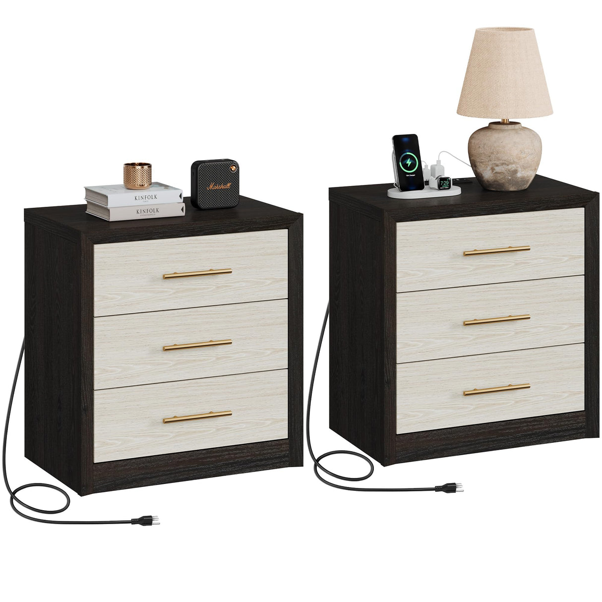 SICOTAS 24" Night Stands Set of 2, Black Nightstand with Charging Station, Large 3 Drawers Nightstand, Tall Mid Century Modern Nightstands Bedroom Bed Side Table for Bedroom Living Room Sofa SICOTAS