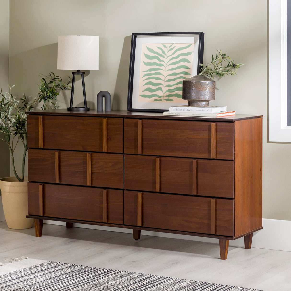 Walker Edison Contemporary Detailed 6-Drawer Solid Wood Dresser, 60 Inch, Walnut-T Walker Edison