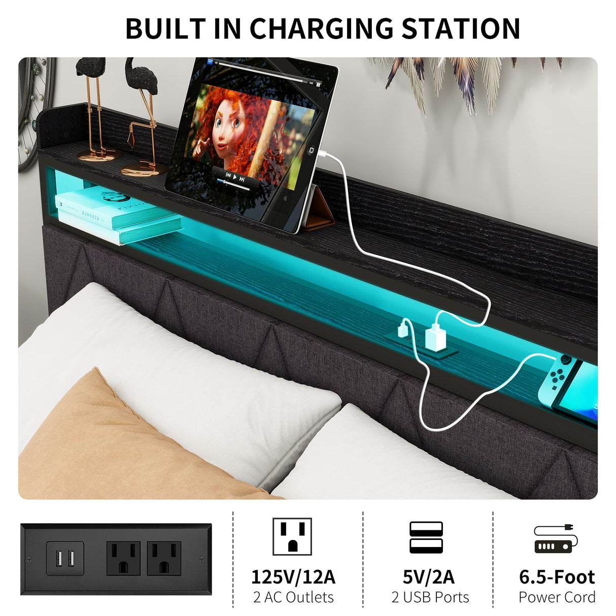 VERFARM Full Bed Frame with LED Lights Storage Upholstered Headboard and Charging Station, Metal Platform Double Bed Frame Full Size with 2-Tier Storage Shelves, No Box Spring Needed, Easy Assembly VERFARM