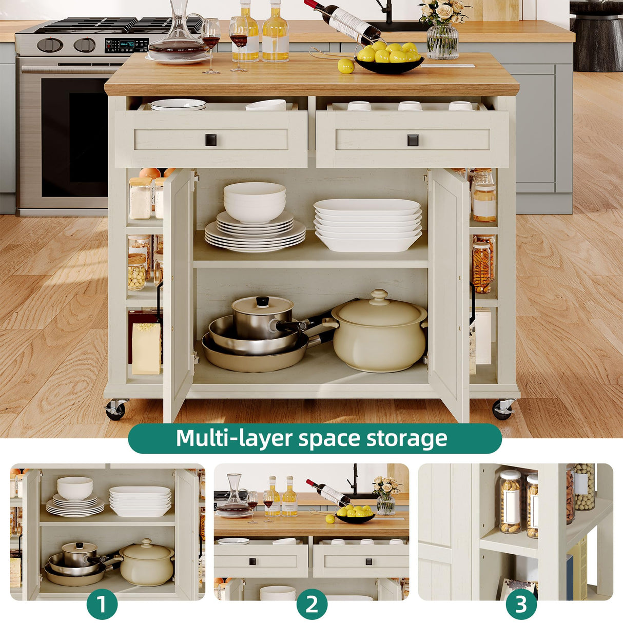 YITAHOME Kitchen Island with Drop Leaf, Mobile Storage Island with Power Outlet, Americana Rolling Kitchen Carts with Storage Shelves and Drawers, Island Table on Wheels for Dining Room, Beige YITAHOME