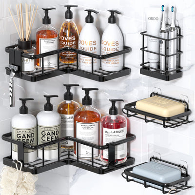 YASONIC Corner Shower Caddy Organizer, 5-Pack Adhesive Rustproof Stainless Steel Shower Shelves with Soap Holder, No Drilling Shower Storage Rack for Family Renters Bathroom, Black