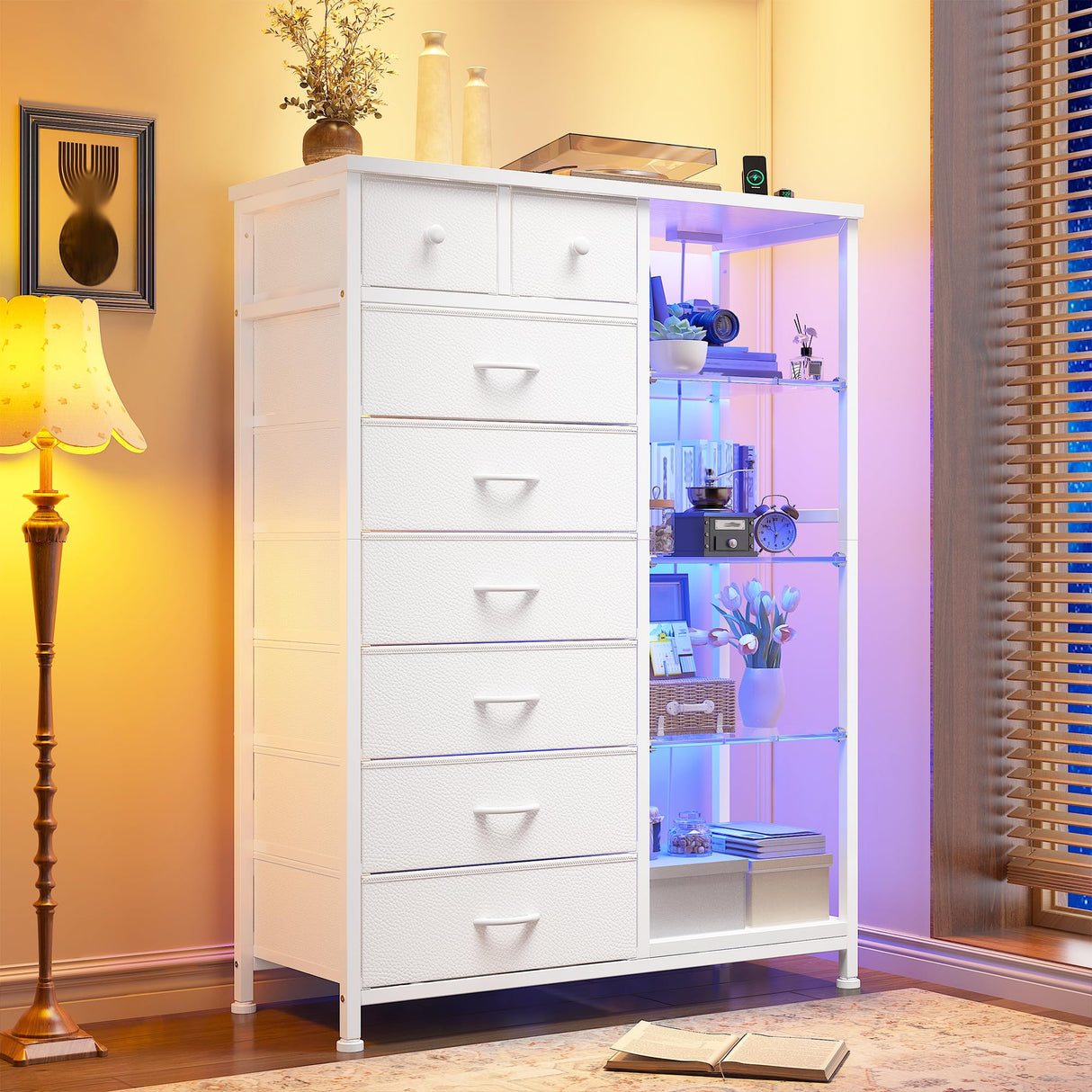 EnHomee Dresser for Bedroom with LED Lights & Power Outlets Dresser with 8 Drawers Fabric Dressers & Chests of Drawers for Bedroom, Sturdy Metal Frame, Acrylic Plates (White) EnHomee