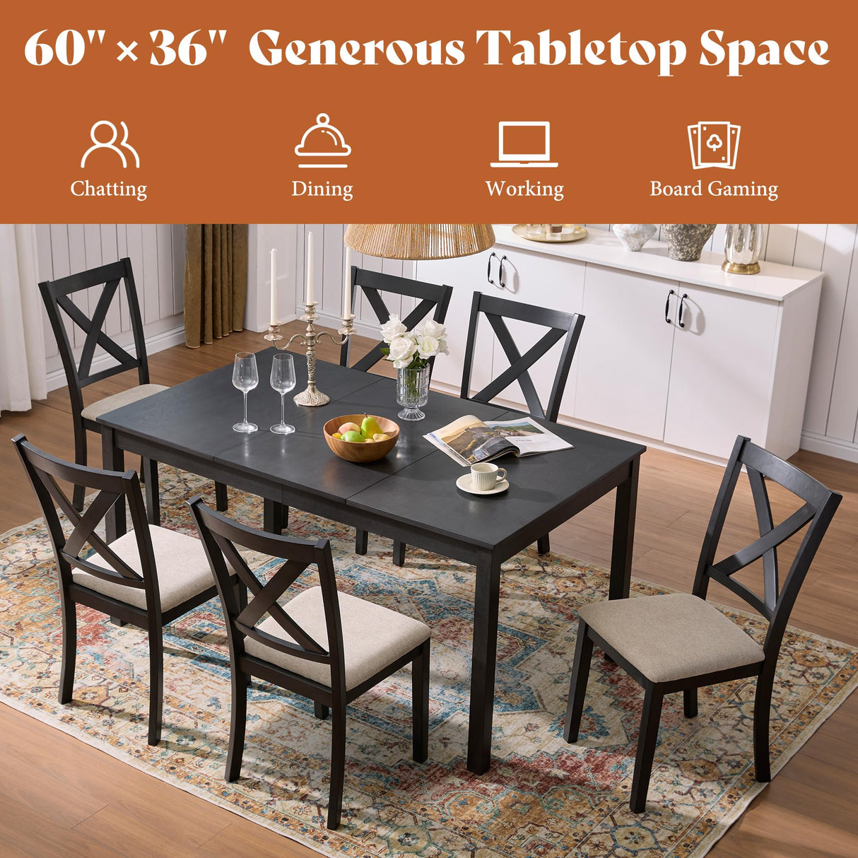 AMERLIFE 7-Piece Farmhouse Dining Table Set with 6 Upholstered Chairs, 60" Space-Saving Dining Table & Chair Set for Dining Room, Kitchen, Small Apartment, Restaurant, Grey & White AMERLIFE