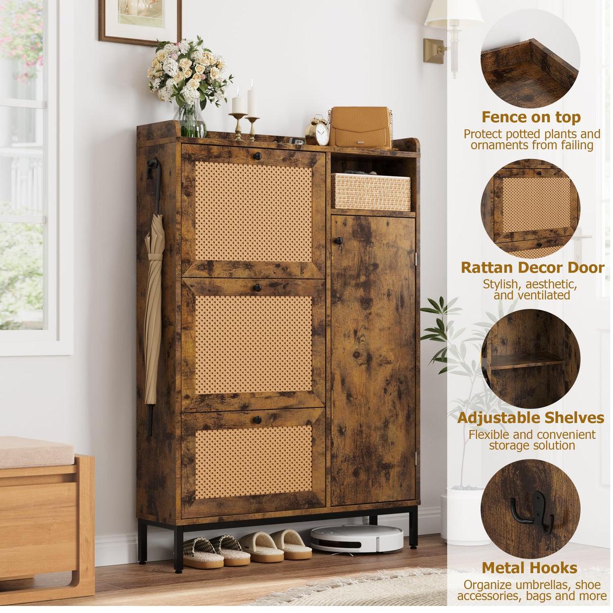 GarveeHome Shoe Cabinet Rattan with 3 Flip Drawers and 4-Tier Shoe Storage Cabinet, Freestanding Shoe Organizer with Adjustable Shelves for Entryway, Closet, Hallway (Brown) GarveeHome