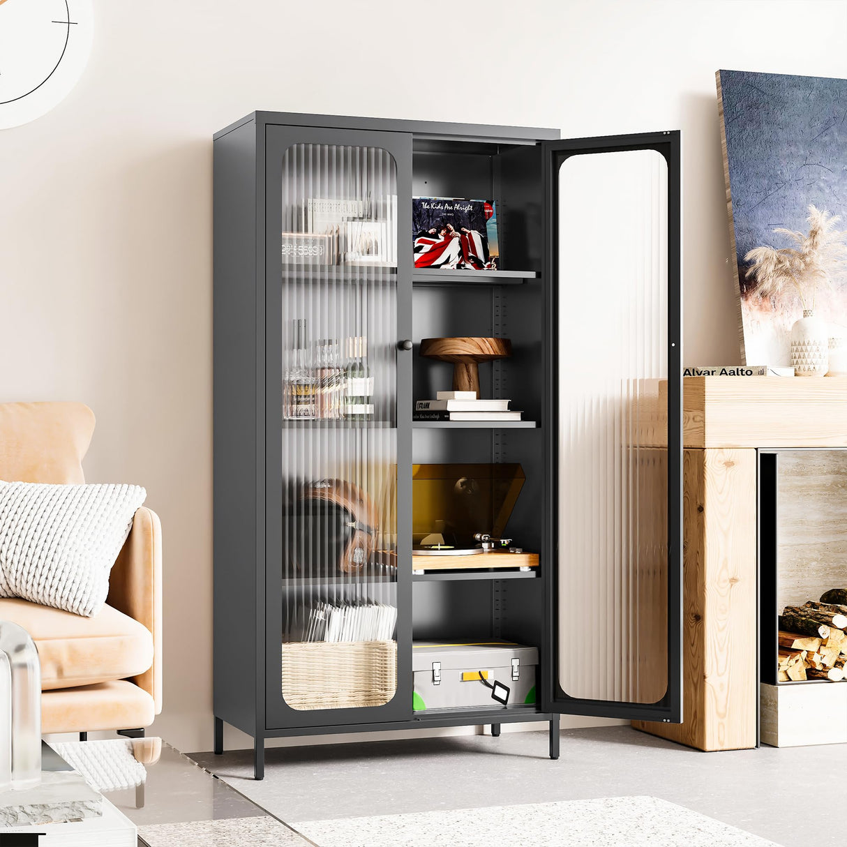 SISESOL Metal Storage Cabinet with Glass Doors and 4 Shelves,Black Glass Dispaly Cabinet,Metal Pantry Cabinets,Tall Large Cupboard for Home,Kitchen,Dining/Living/Laundry Room SISESOL