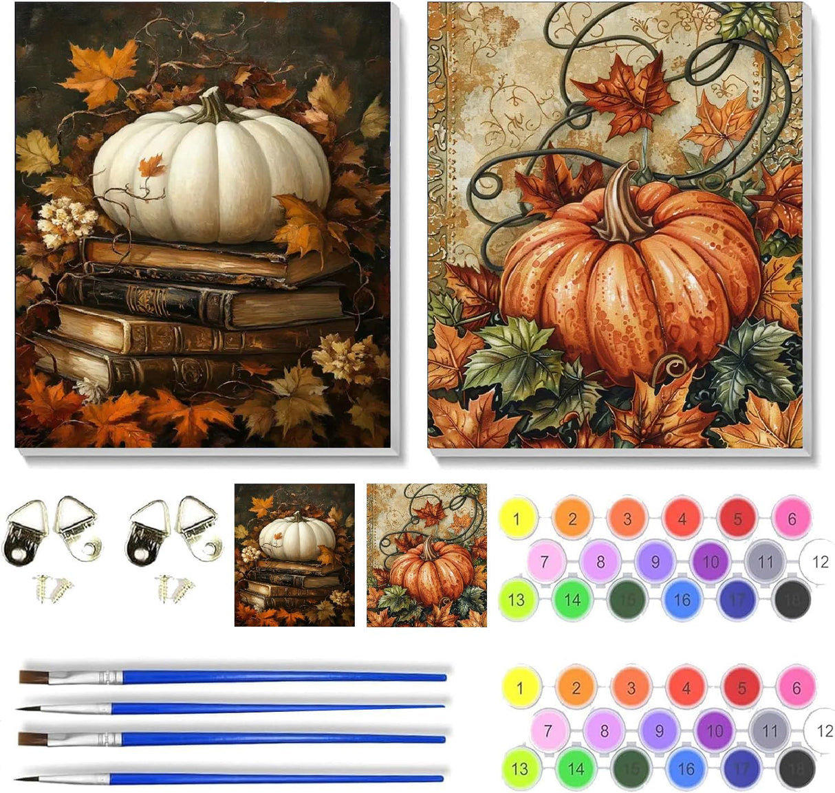 2 Pack Fall Pumpkin Paint by Numbers Kit for Adults Beginner with Frame,Thanksgiving Paint by Number with Wooden Easel DIY Adult Fallen Leaves Vines Book Paint by Number Kits for Home Decor 9x12 Inch VIGEGU