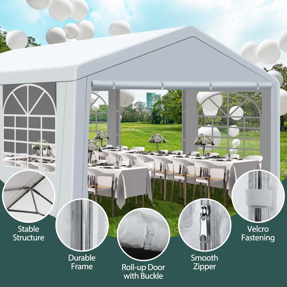 QZEN 20'x20' Canopy Party Tent, Heavy Duty Wedding Tent with Removable Sidewall & 4 Sand Bags, Outdoor Event Tent for Wedding, Birthday Party (20' x 20') QZEN