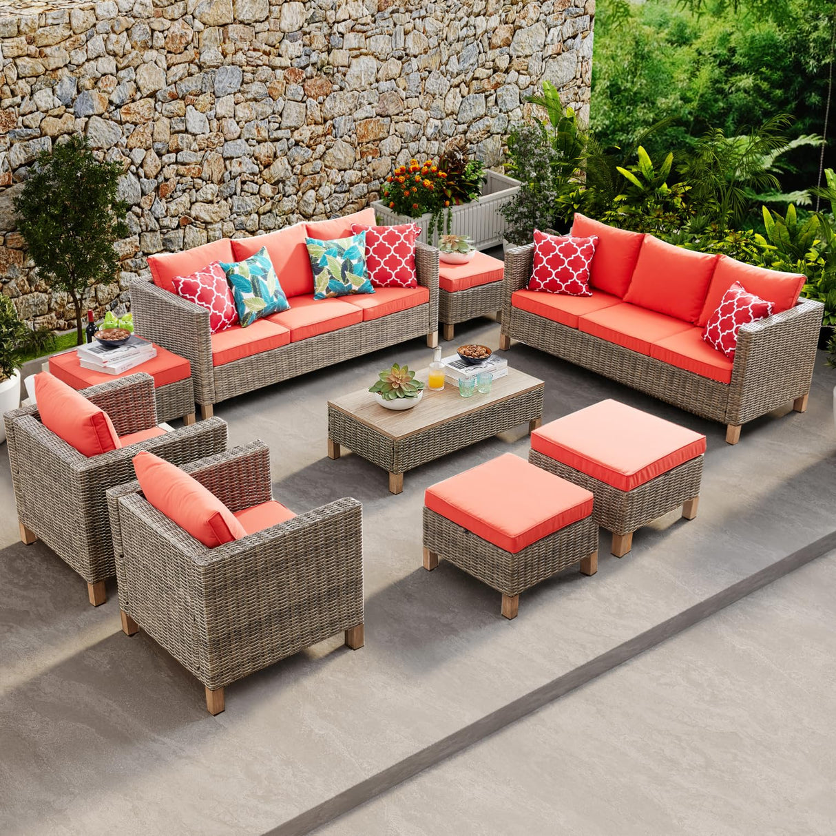 9 Pieces Patio Furniture Sets All Weather Reinforced Wicker Rattan Sectional Sofa with Metal Top Coffee Table Outdoor Furniture Conversation Set for Porch, Poolside, Garden, Backyard, Red Summax