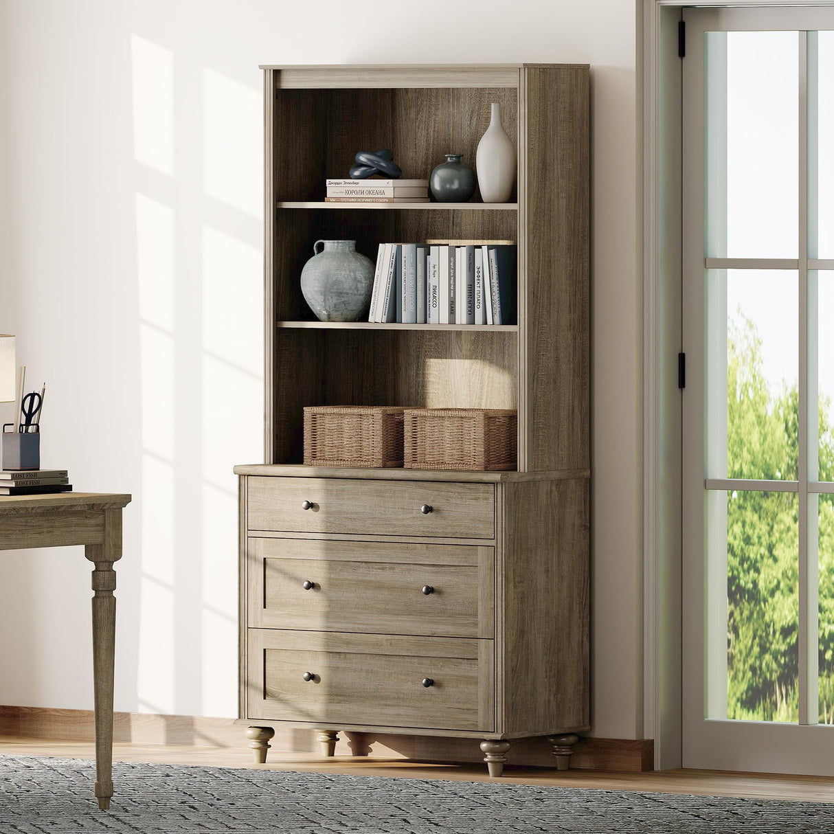 WAMPAT 72" Tall Bookcase Large Display Book Case Shelf with 3-Tier Open Book Shelfs, 3 Tier Farmhouse Style Bookshelf with 3 Drawers, Wood Bookshelves for Living Room or Study Room, Wash Grey WAMPAT