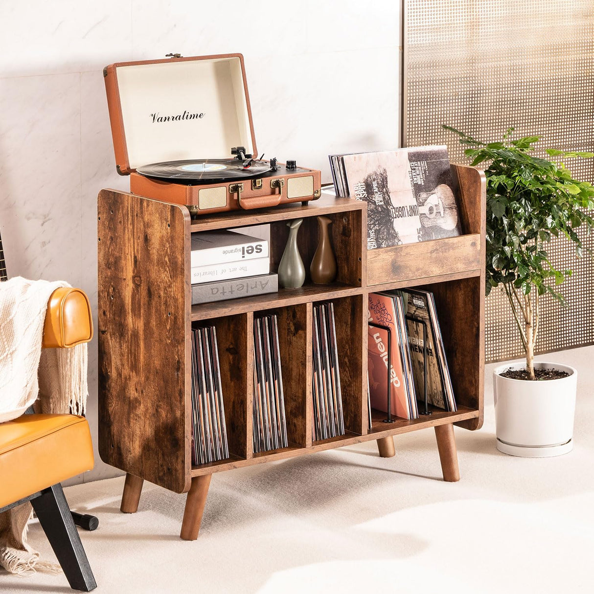 UODERS Record Player Stand, Large Record Player Table Cabinet with Open Vinyl Storage and Display Shelf Holds up to 350 Albums, Mid Century Wood Turntable for Living Room, Bedroom (Brown) UODERS