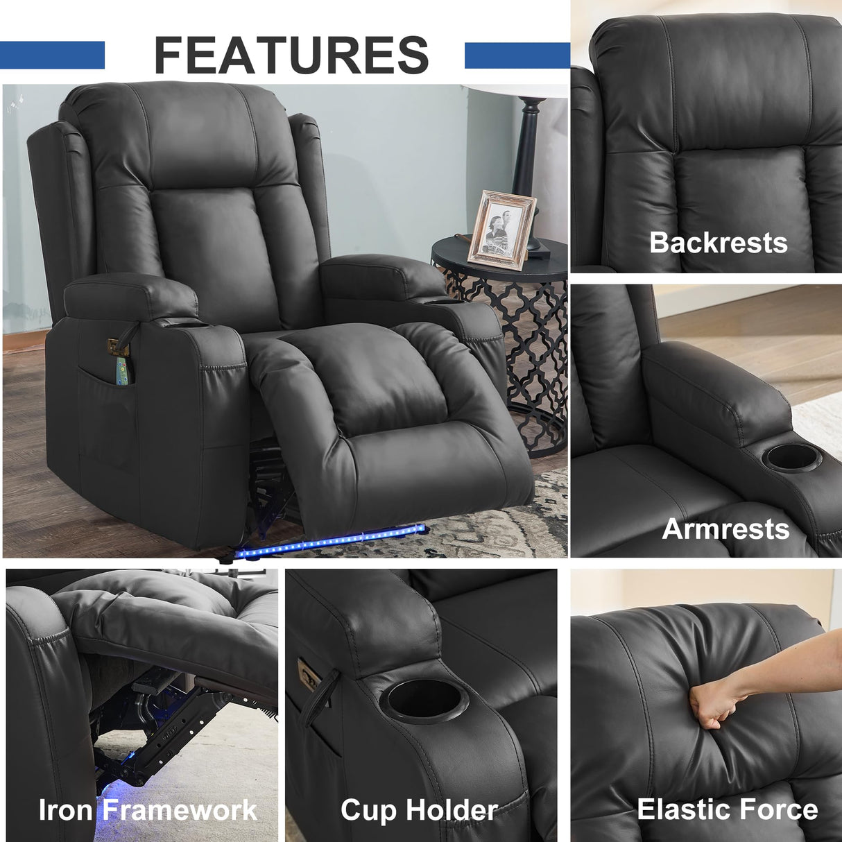 URRED Recliner Chair with Massage and Heat, Power Reclining Sofa Chair Home Theater Seating with LED Ambient Light, USB Ports, Cup Holders, Side Pockets, Faux Leather, Black URRED