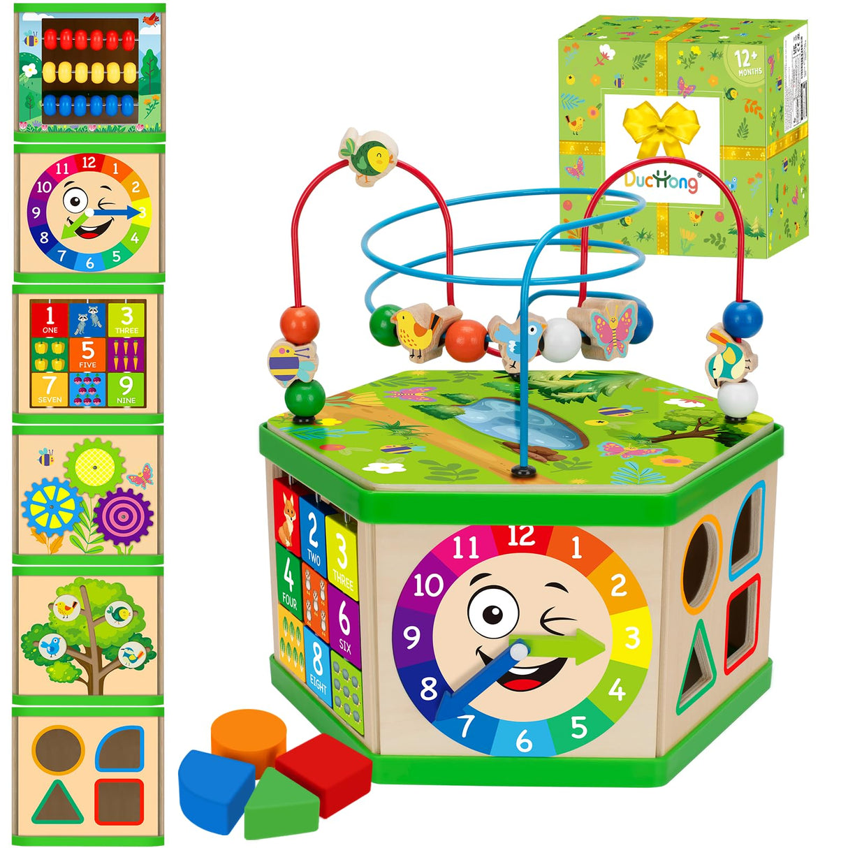 Wooden Activity Cube for 1 Year old, 12-18 Month Boys & Girls, 7-in-1 STEM Montessori Early Developmental Learning Toys for Kids Aged 1-2, Ideal 1st Birthday Gift Toys for Baby, Toddlers (Green) Duchong