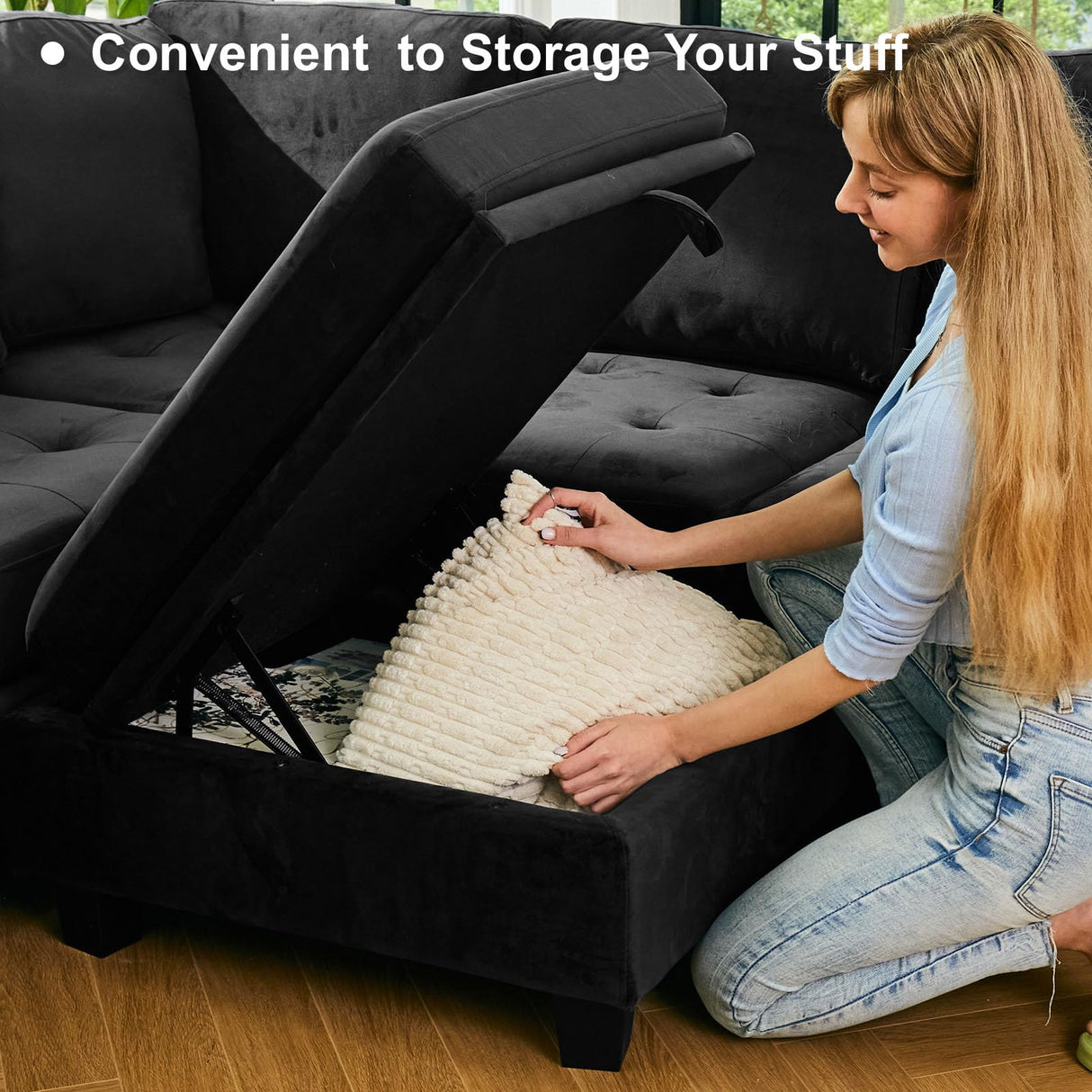 Belffin Modular Sectional Sleeper Sofa with Pull Out Bed U Shaped Sectional Sofa Couch with Storage Ottoman Velvet Covertible 7-Seater Sofa for Living Room Black Belffin