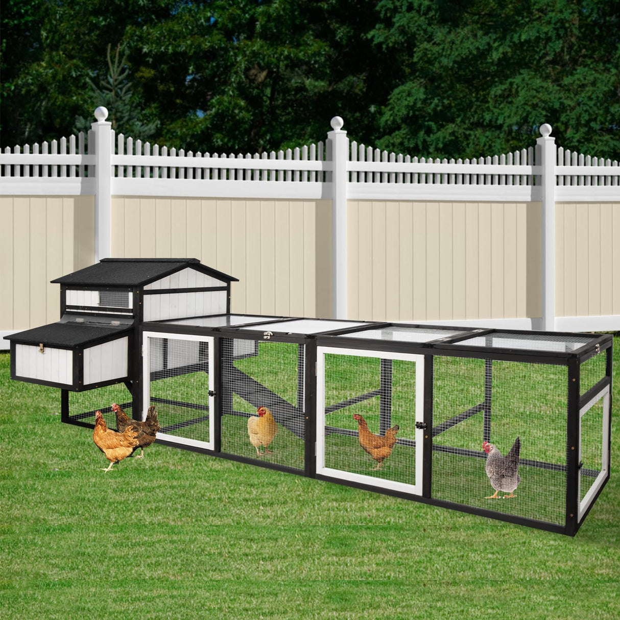 PetsCosset 116"L Extra Large Chicken Coop Wooden Hen House with Run 2 Story Poultry Cage Outdoor Indoor Chicken Houses for 4-8 Chickens 4 Nesting Boxes, 4 Perches, Removable Tray and Ramp, Combinable PetsCosset