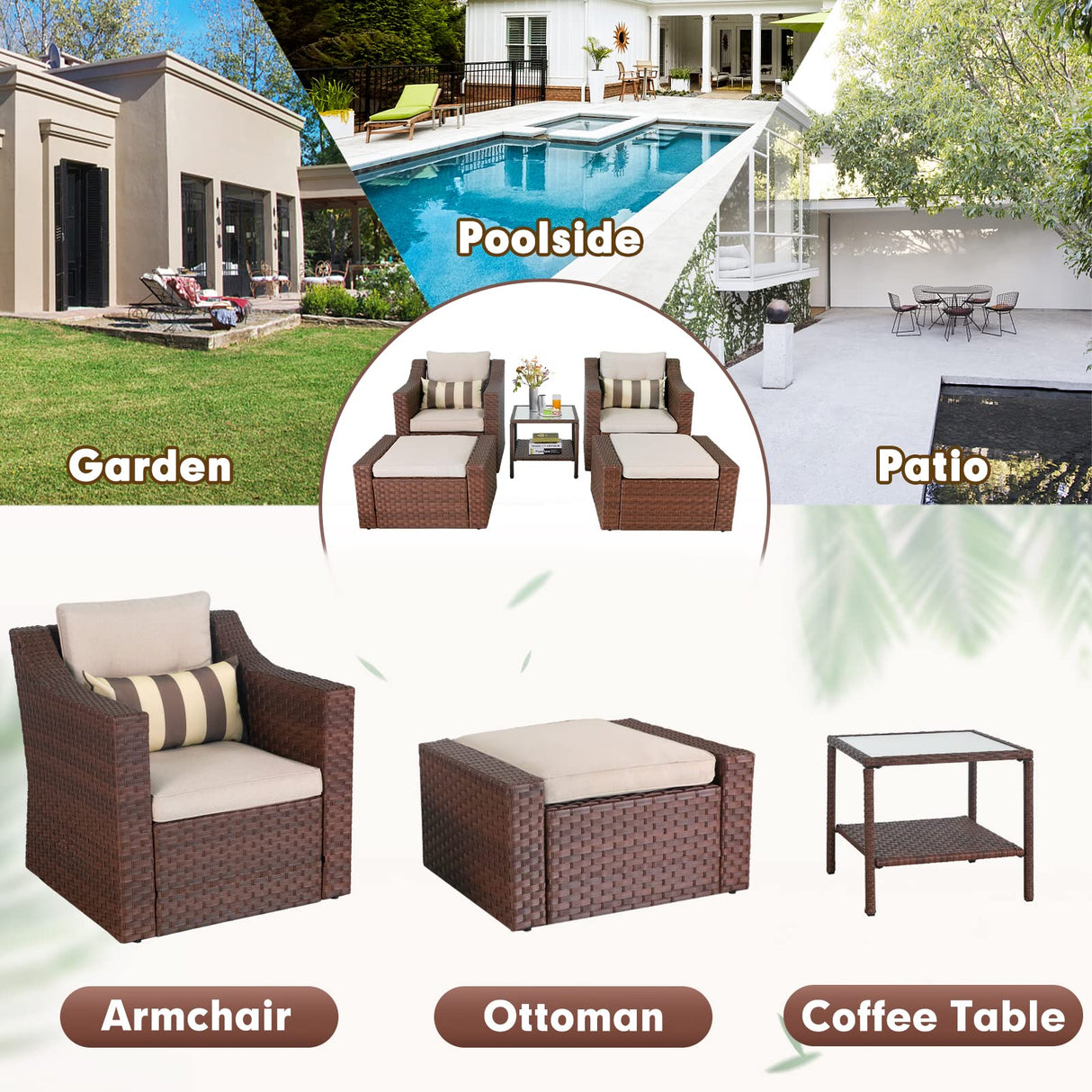 Crownland 5 Pieces Wicker Patio Conversation Set All Weather Outdoor Wicker Lounge Chair and Ottoman Conversation Set with Coffee Table & Cushions (Brown) Crownland