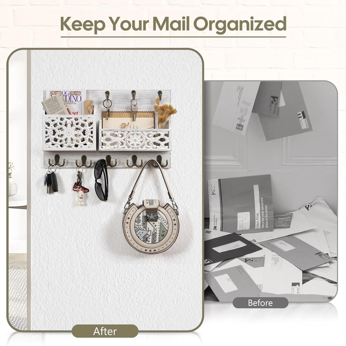 QILICHZ Key and Mail Holder for Wall,Decorative Key Holder Wall Mount,Wood Key Holder for Wall,Farmhouse Mail Key Organizer 13 Key Hooks,Rustic Key Hanger Wall Mount for Mail Envelope Letter Key,White QILICHZ