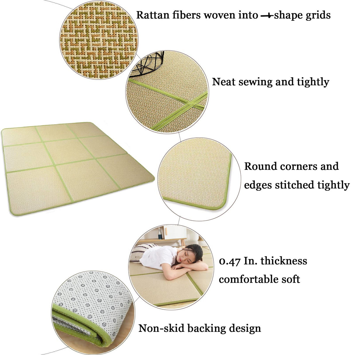 Nisorpa 71'' x 71'' Japanese Tatami Mat Igusa Tatami Mattress 0.47'' Thick Japanese Floor Mattress Rattan Non-Slip Breathable Memory Foam Area Rug Tatami Rug Mat Bedroom Sleeping Crawling Mat, Green Nisorpa