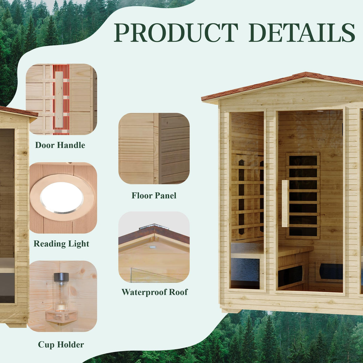 BNEHS 4 Person Outdoor Infrared Sauna - 3D Fast Heating Home Spa Sauna w/Chromotherapy Light, Wooden Sauna Room Kit w/Bluetooth Speaker (CE Certified,220V) BNEHS