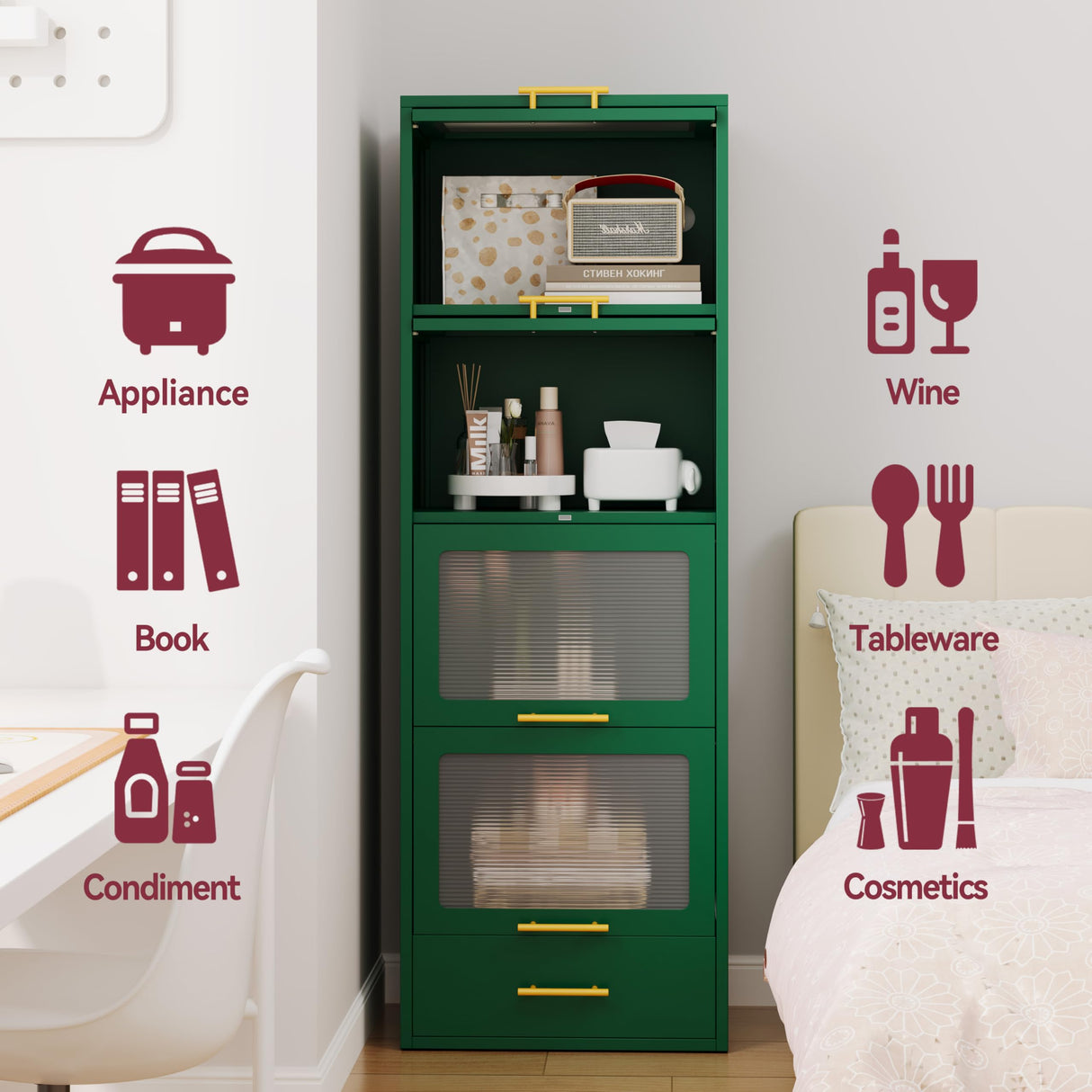 GAIOUS 5-Tier Kitchen Pantry Cabinet, Display Storage Cabinet with 4 Flip-up Acrylic Glass Doors and 1 Drawer, Green Freestanding Bakers Rack to Storage Small Microwave Spice Seasoning Bowl Cup Books GAIOUS