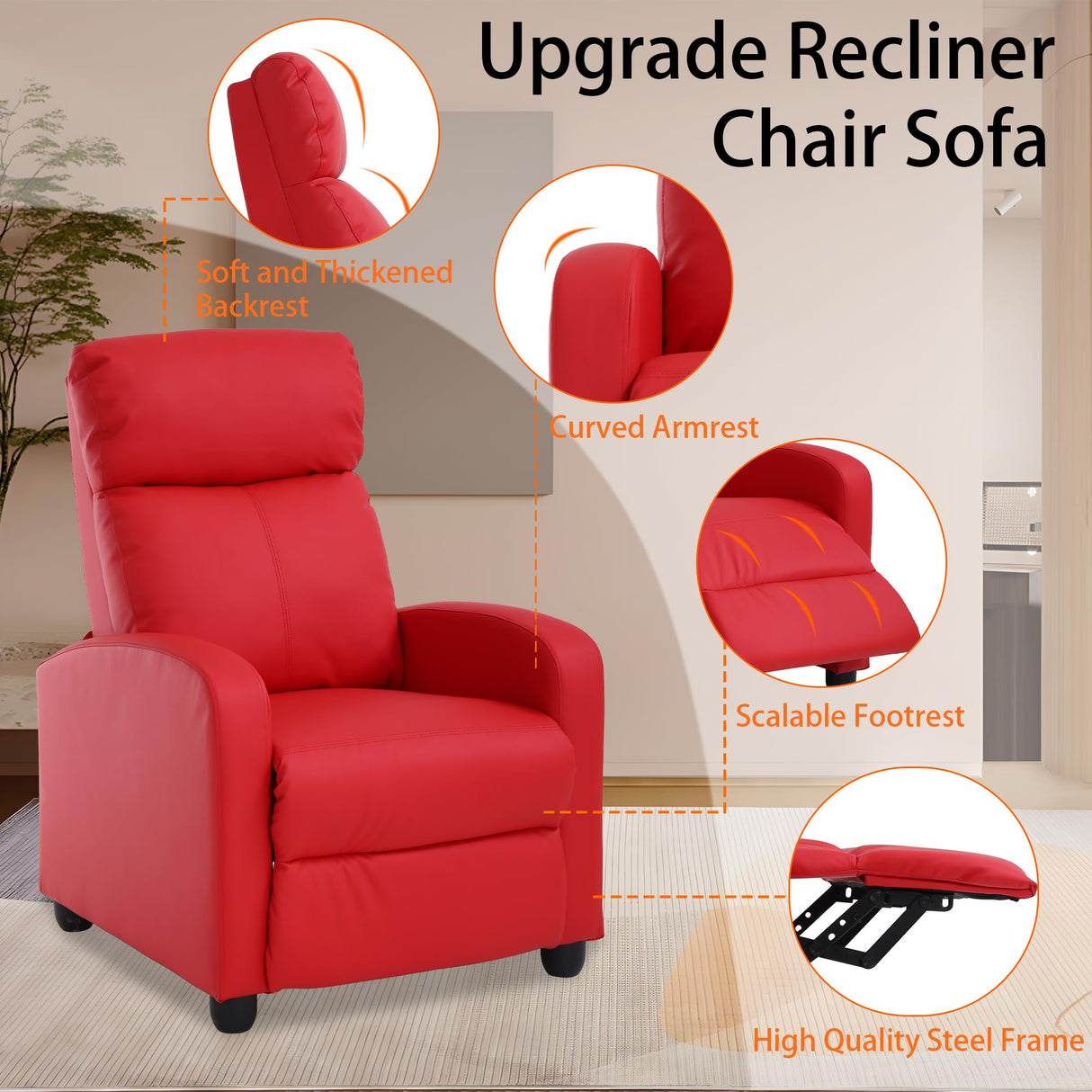 MKDLUFEI Adult Recliner Chair PU Leather Massage Recliner Sofa with Lumbar Support, Push Back, Armrests, Footrest, Adjustable Home Theater Seating for Living Room Home Theater (Black) (Red) MKDLUFEI