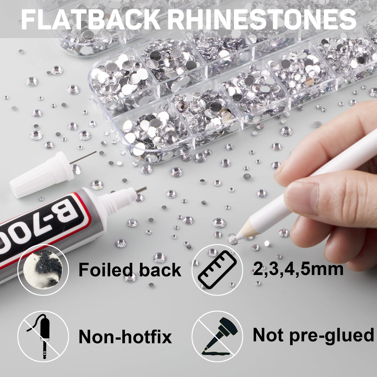b7000 Glue with 7500Pcs Clear Silver Rhinestones for Crafts Clothes Clothing Fabric, Shiny Flatback Crystals Gems for Crafting Shoes Shirt, Flat Back Diamonds Set Badazzle kit Jewels 2-5mm 4 Sizes Mix Worthofbest