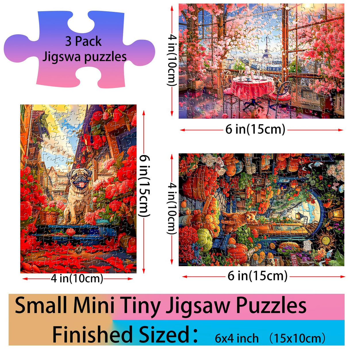 Small Jigsaw Puzzles for Adults 150 Pieces Vintage Cat & Puppy Oil Painting Mini Jigsaw Puzzles Challenging Mini Puzzles Tiny Jigsaw Puzzles 6 x 4 Inches, 3 Pcs,Mini Easel Included BJscoe