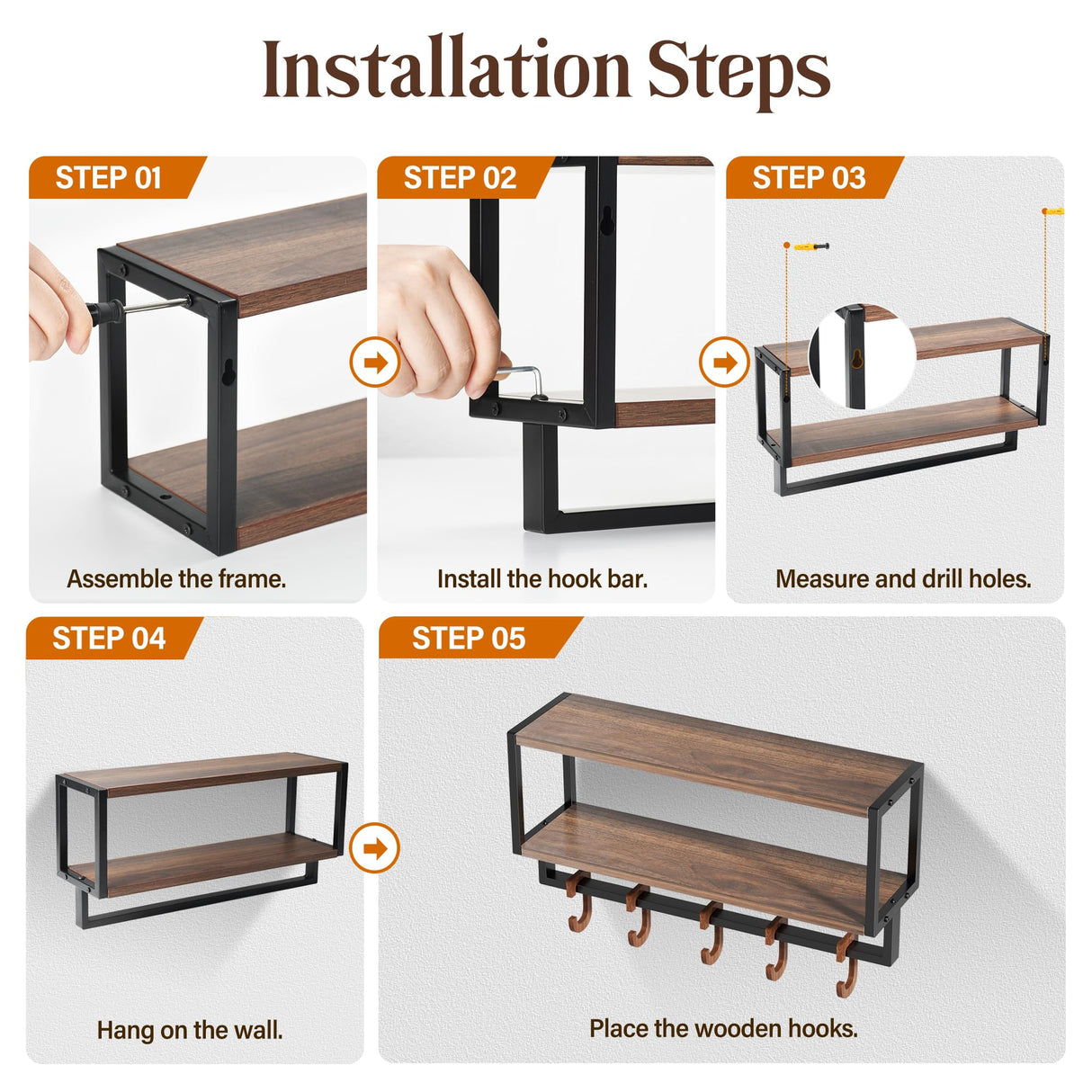 Orapoke Wall Shelf with Hooks, 2 Tier Coat Rack Wall Mount with Shelf for Entryway Farmhouse Living Room, 5 Wooden Decorative Wall Hooks for Hanging Coat Jackets Hats Towel Key (16.5") Orapoke