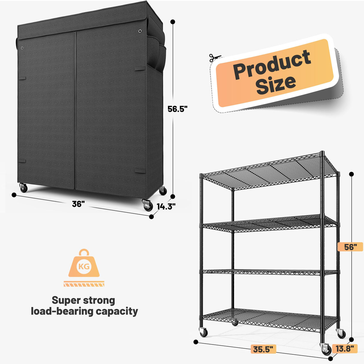 REIBII 4-Tier Storage Shelves Wire Shelving Unit with Cover & Wheels, Heavy Duty Metal Shelving for Dorm Storage Shelves, Garage Storage Rack Commercial Shelf, 36" W*14.3" D*56.5" H REIBII