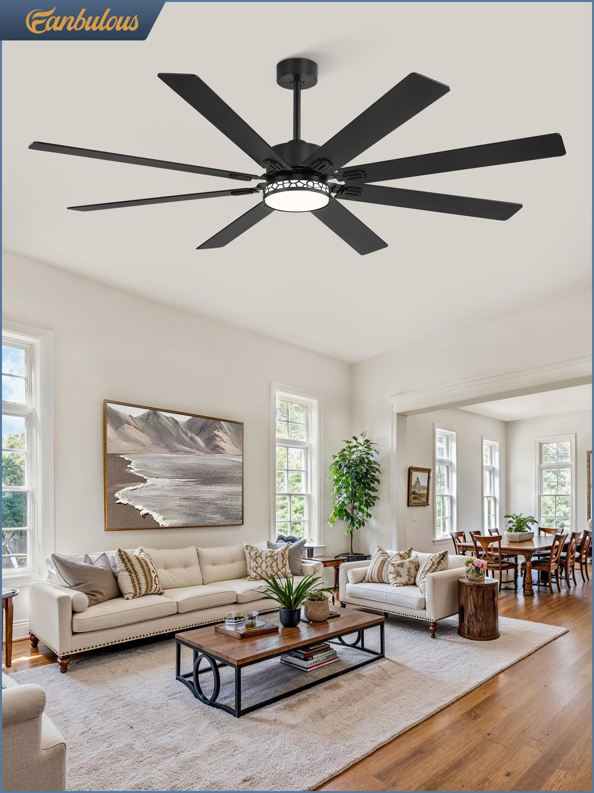 Fanbulous 72 Inch Large Ceiling Fans with Lights, Farmhouse Ceiling Fan with Light and Remote, Dual Finish 8 Blades, Reversible DC Motor,3 CCT, 6 Speed, Modern Ceiling Fan for Living Room Patio, Black Fanbulous