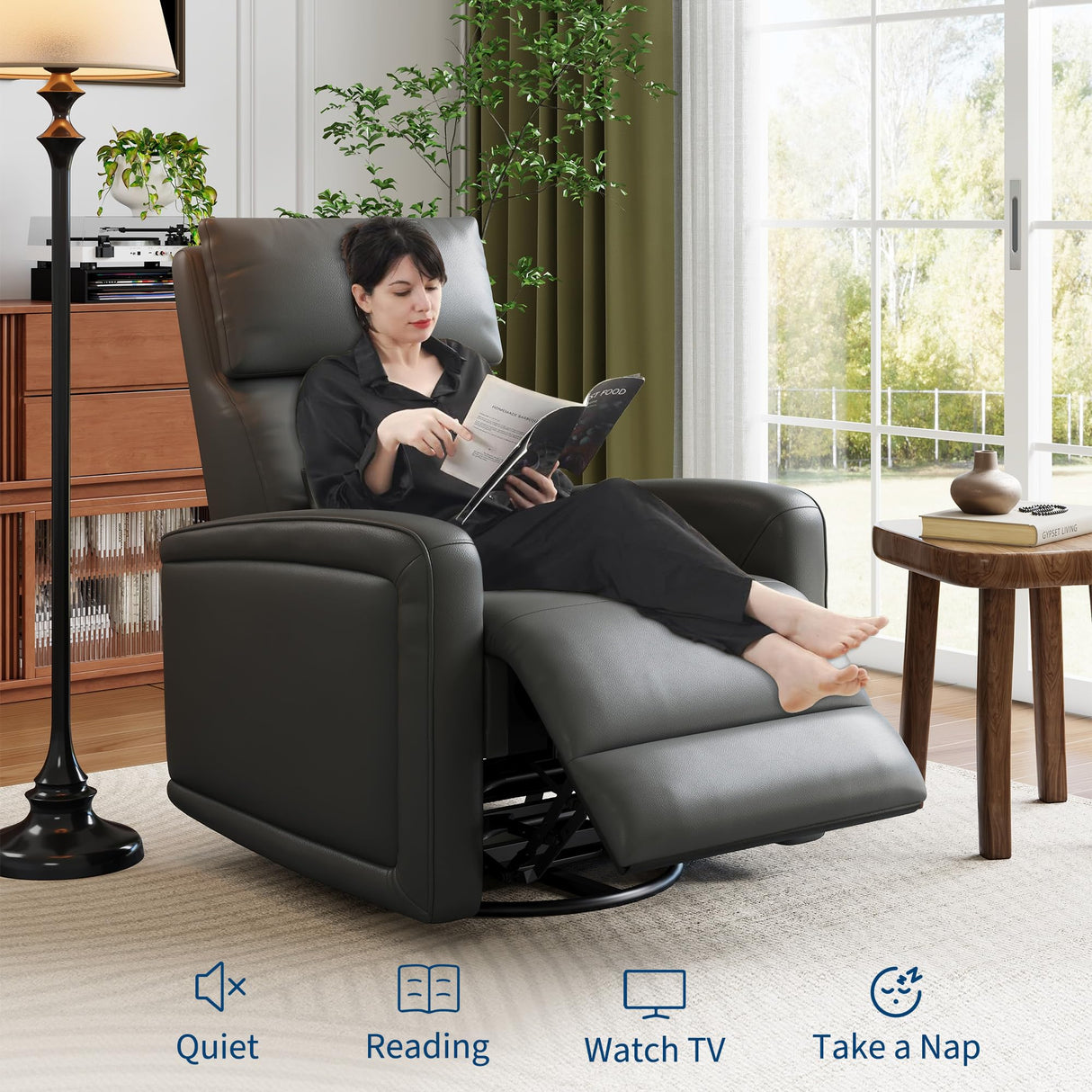 Adult Manual Recliner Chair, 360° Swivel Sofa Rocker, Faux Leather Single Sofa with Adjustable Backrest and Footstool, Modern Wingback Recliner with Hidden Pull Tabs, Living Room Armchair, Gray IDEALHOUSE