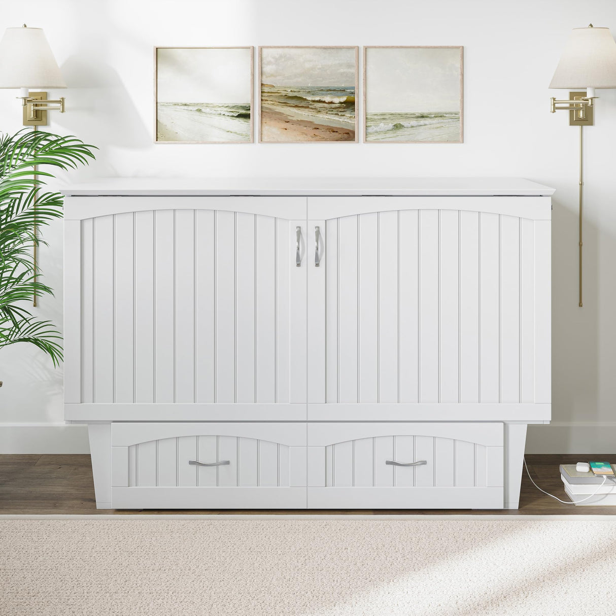 AFI, Nantucket Queen Murphy Bed Chest with Mattress, Storage Drawer and Built-In USB Charger, White AFI