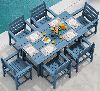 SERWALL 7-Piece Patio Dining Table Sets, Outdoor HDPE Dining Furniture Set with Umbrella Hole Cut-Out Table and 6 Chairs, Blue