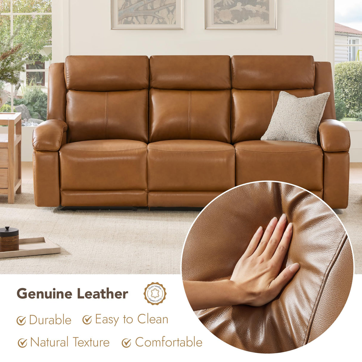 Watson & Whitely Genuine Leather Power Recliner Sofa, 3 Seater Wall Hugger Reclining Sofas with Power Headrest, USB & TypeC Ports, Electric Recliner Couch Set for Living Room, Saddle Brown Watson & Whitely