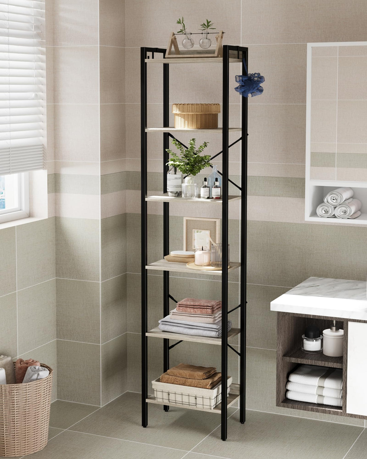 Hzuaneri Bookshelf, Book Shelf, Industrial Bookcase with 2 Hooks, Coner Shelf Storage Organizer for Home Office, Living Room, Bedroom, Kitchen, 6-Tier Greige BC10705B Hzuaneri