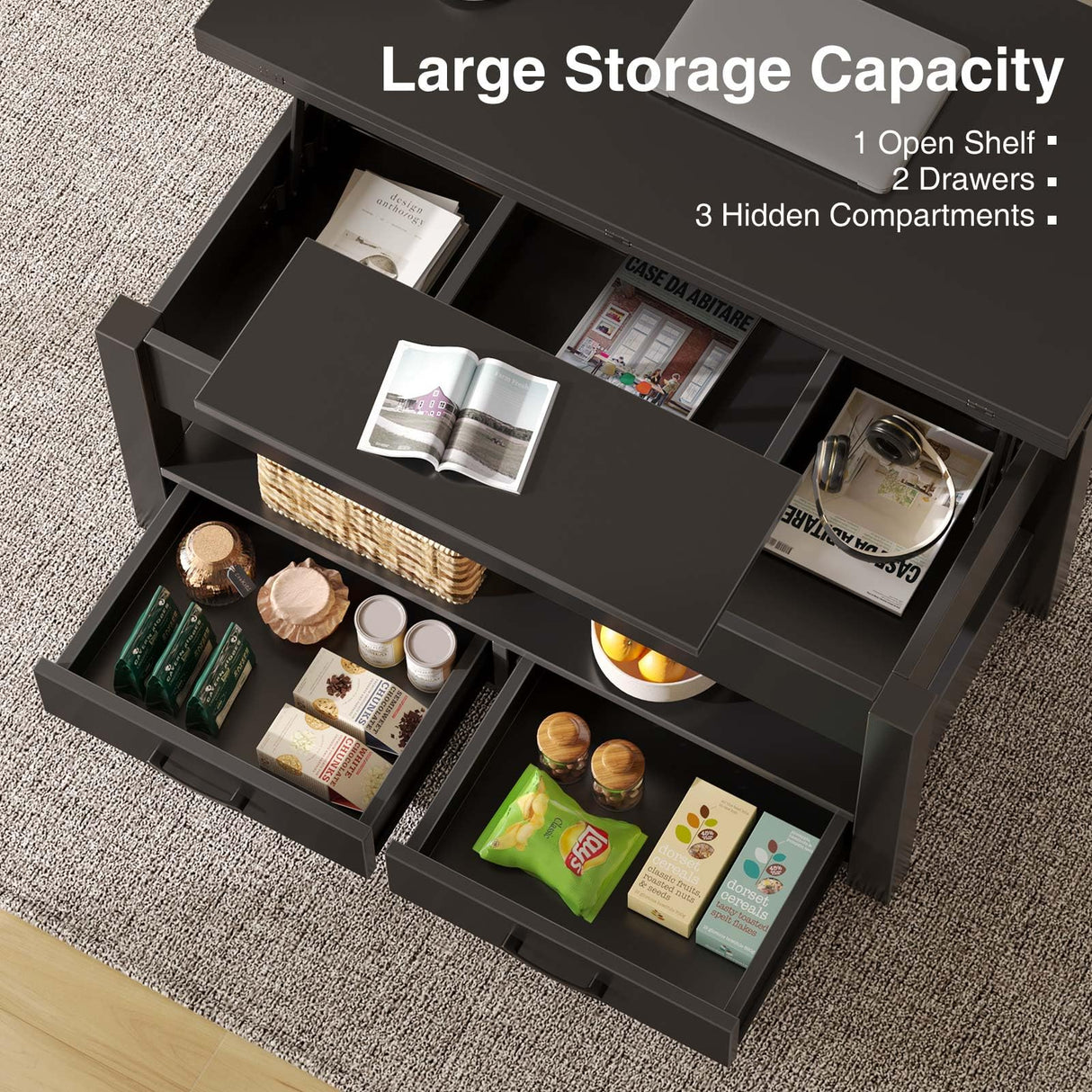 Rolanstar Coffee Table Lift Top, Multi-Function Convertible Coffee Table with Drawers and Hidden Compartment, Coffee Table Converts to Dining Table for Living Room, Home Office,Black Rolanstar