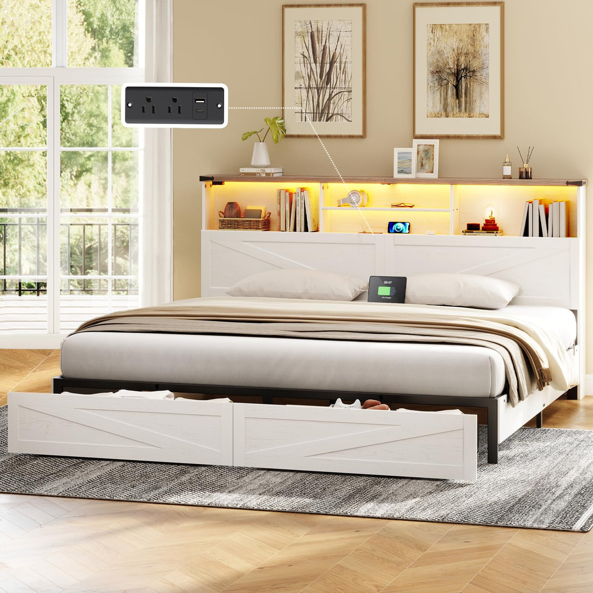 ROCHECASA King Size Bed Frame with Bookcase Storage and Drawers, Farmhouse Bed with High Headboard, Charging Station and LED Lights, No Box Spring Needed, Noise Free, Easy Assembly, Antique White ROCHECASA