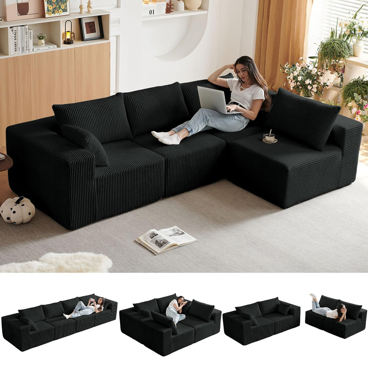 104" L-Shaped Corduroy Cloud Modular Sofa, Modern 4-Seater Sectional Couch with 6 Pillows, Deep Seat Upholstered Convertible Sofa Bed for Living Room, No Assembly Required (Black) atosela