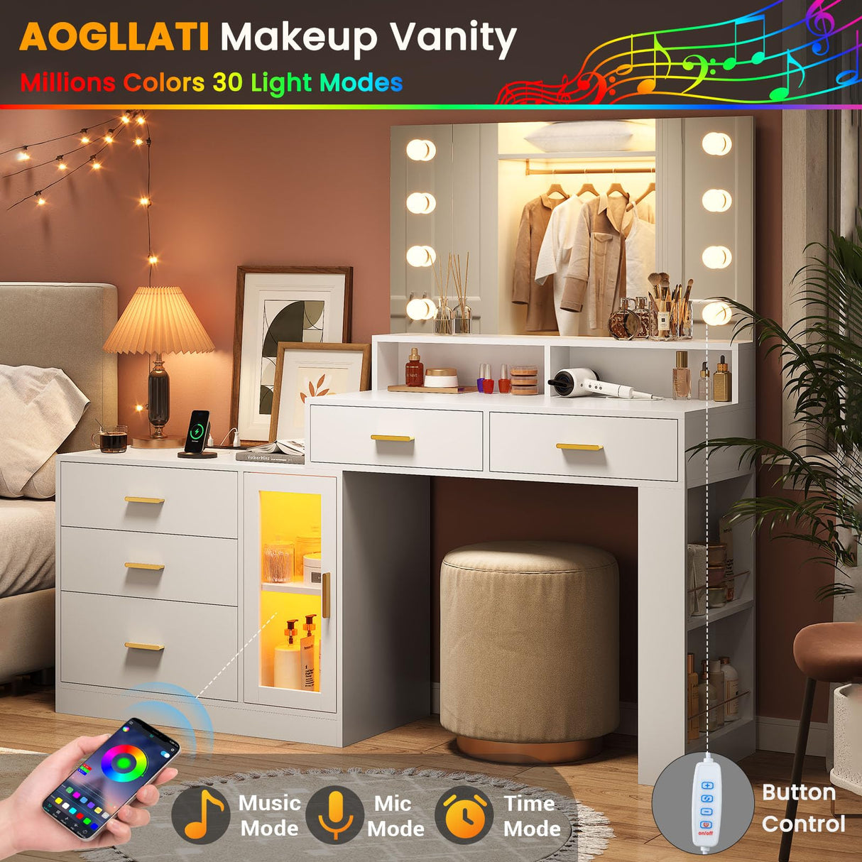 AOGLLATI Makeup Vanity Desk with Mirror and Lights & Charging Station, White Vanity Table with 3 Drawers LED Dresser, Makeup Desk with 3 Lighting Modes, 5 Drawers and Cabinet Storage AOGLLATI