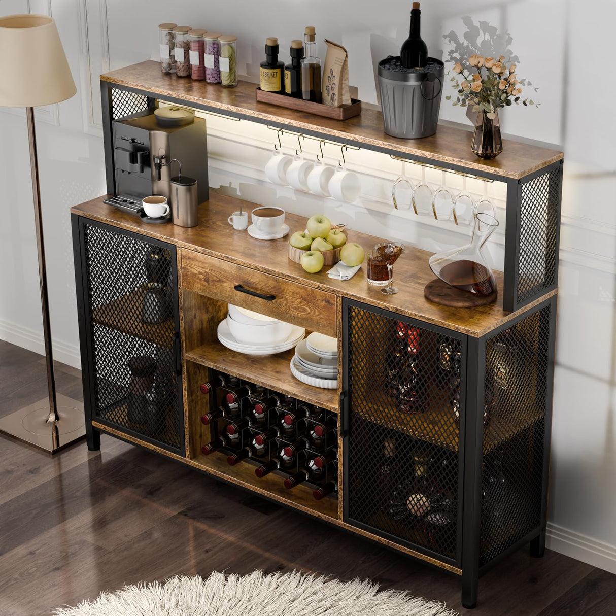 Large Bar Cabinet with Drawer Storage, Rustic Long Wine Cabinet with LED Lights, Farmhouse Wood Metal Liquor Cabinet with Wine Rack and Glass Goblet Holder, Sideboard Buffet for Kitchen,Dining Room Loomie