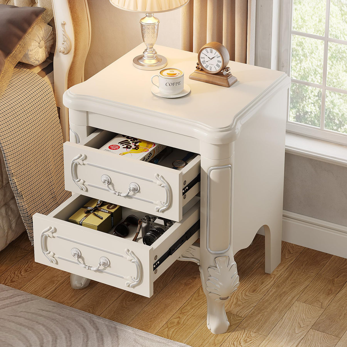 Tribesigns White Nightstand, End Table with 2 Drawers, Carved Bedside Tables, Side Table for Bedroom, Living Room, Classic Bedroom Furniture, Night Stand(1PC Tribesigns