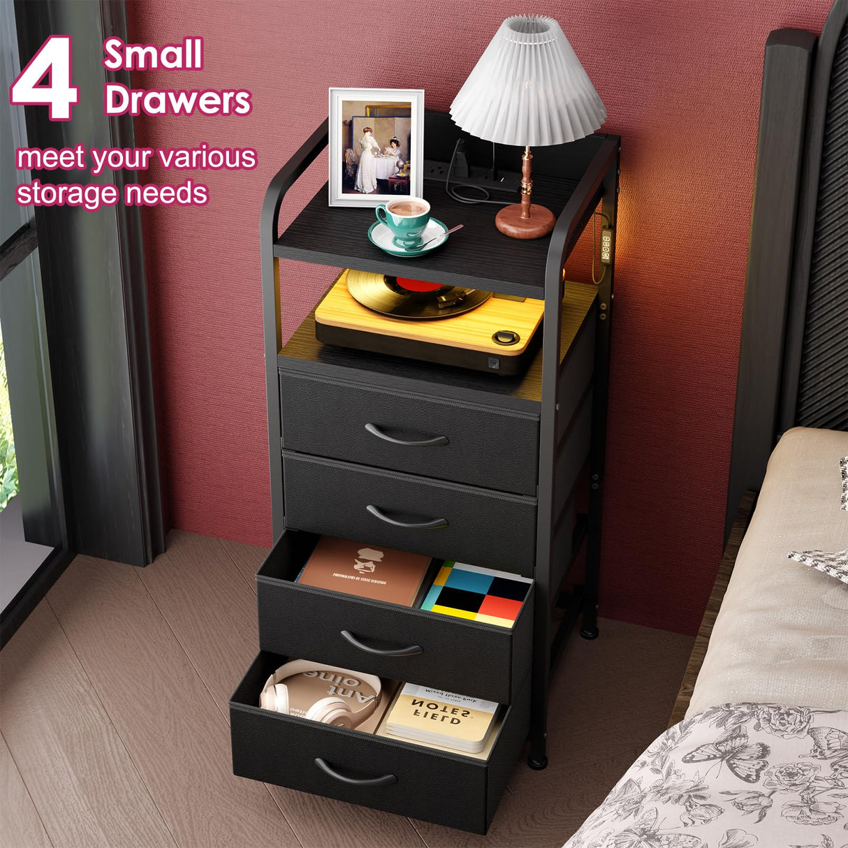 Fixwal Black Night Stand with Charging Station, Tall LED Nightstand with 4 Fabric Drawers, Bedside Table for Bedroom Fixwal