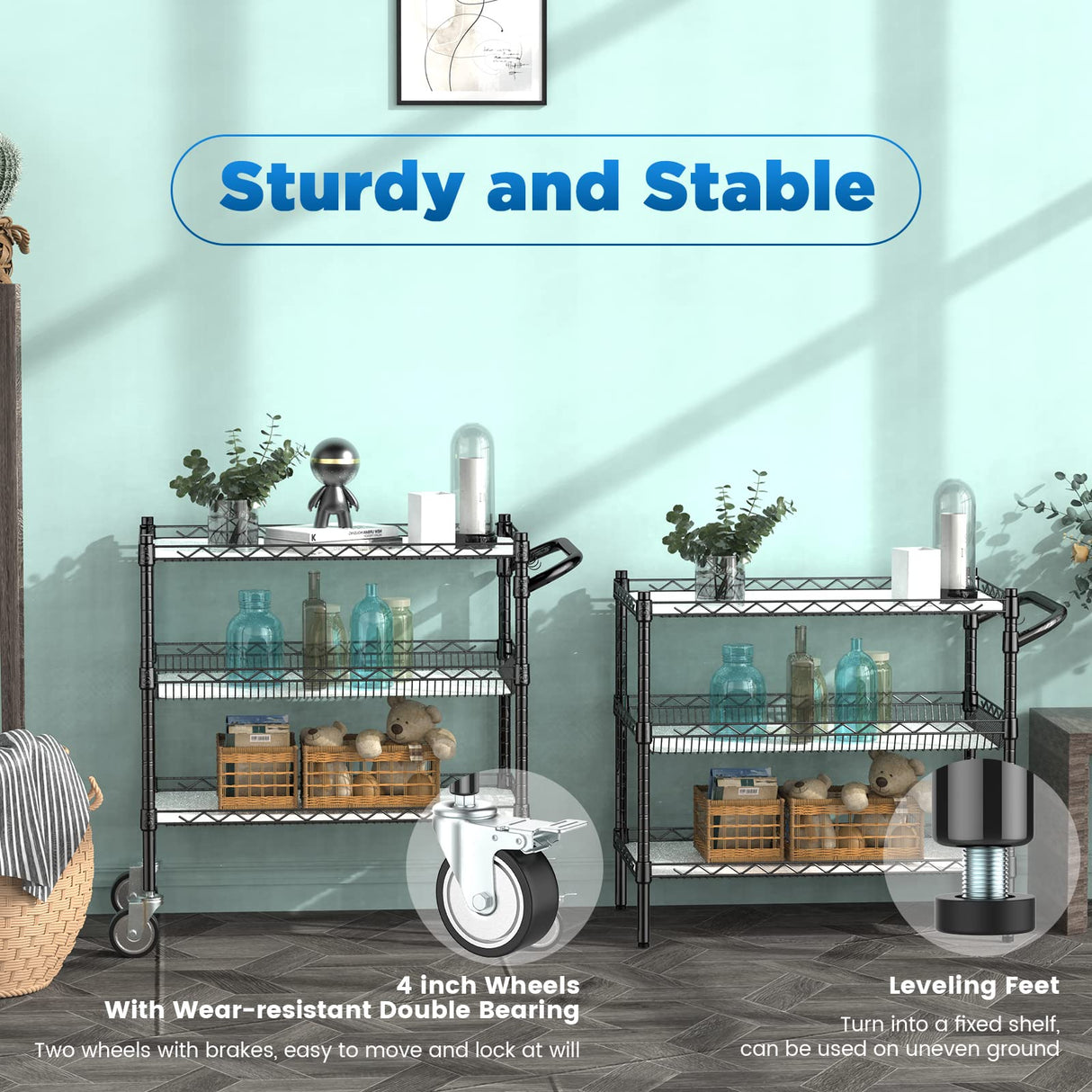 Leteuke 3 Tier Rolling Carts with Wheels,990Lbs Heavy Duty Rolling Utility Cart,NSF Commercial Grade Metal Cart with Handle&Shelf Liner,Trolley Serving Cart for Kitchen,Restaurant,Plant Display,Black Leteuke