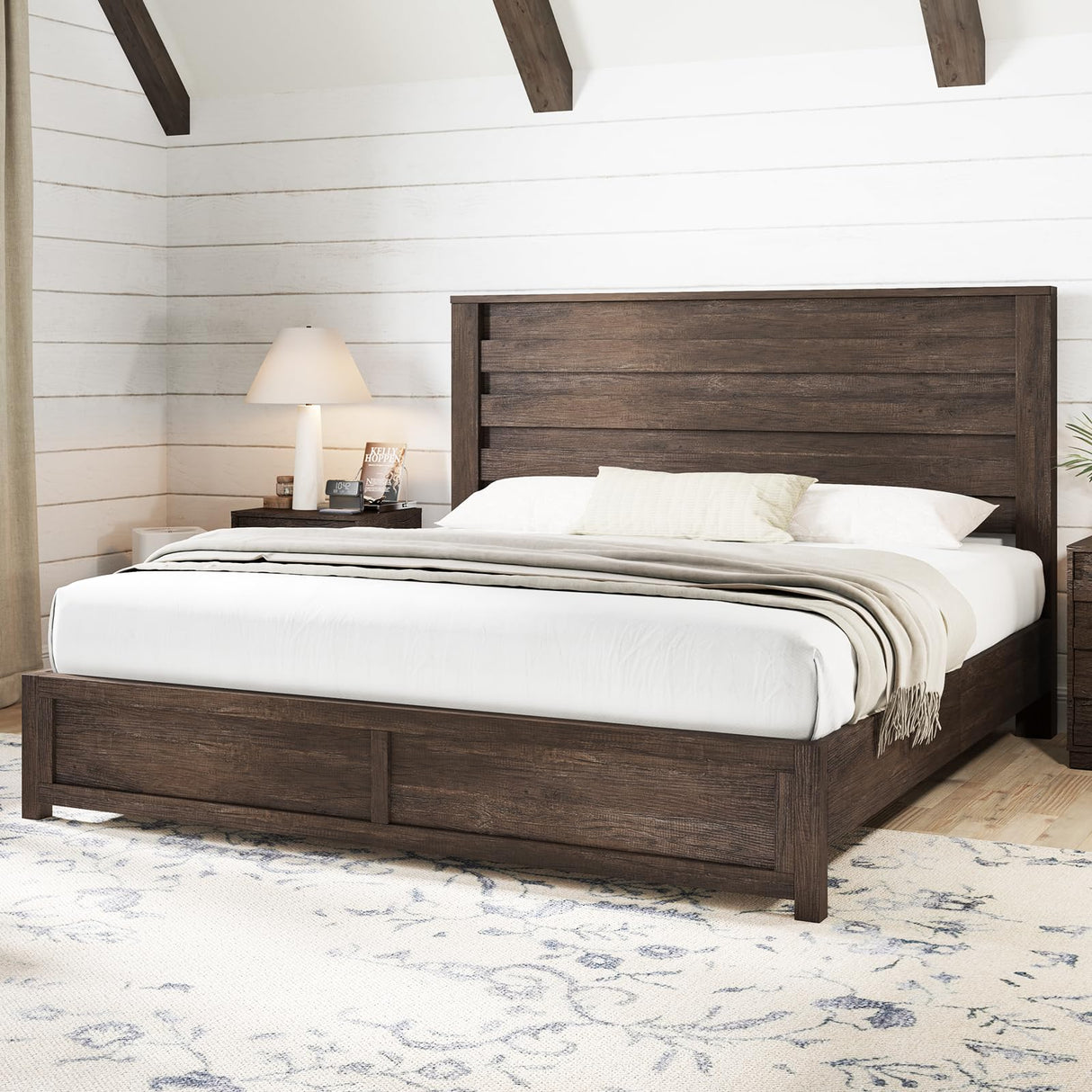AMERLIFE Farmhouse King Size Bed Frame with 49" Fluted Headboard, Wood Platform Bed with Natural Grain, No Box Spring Needed/Noise Free, Gray AMERLIFE