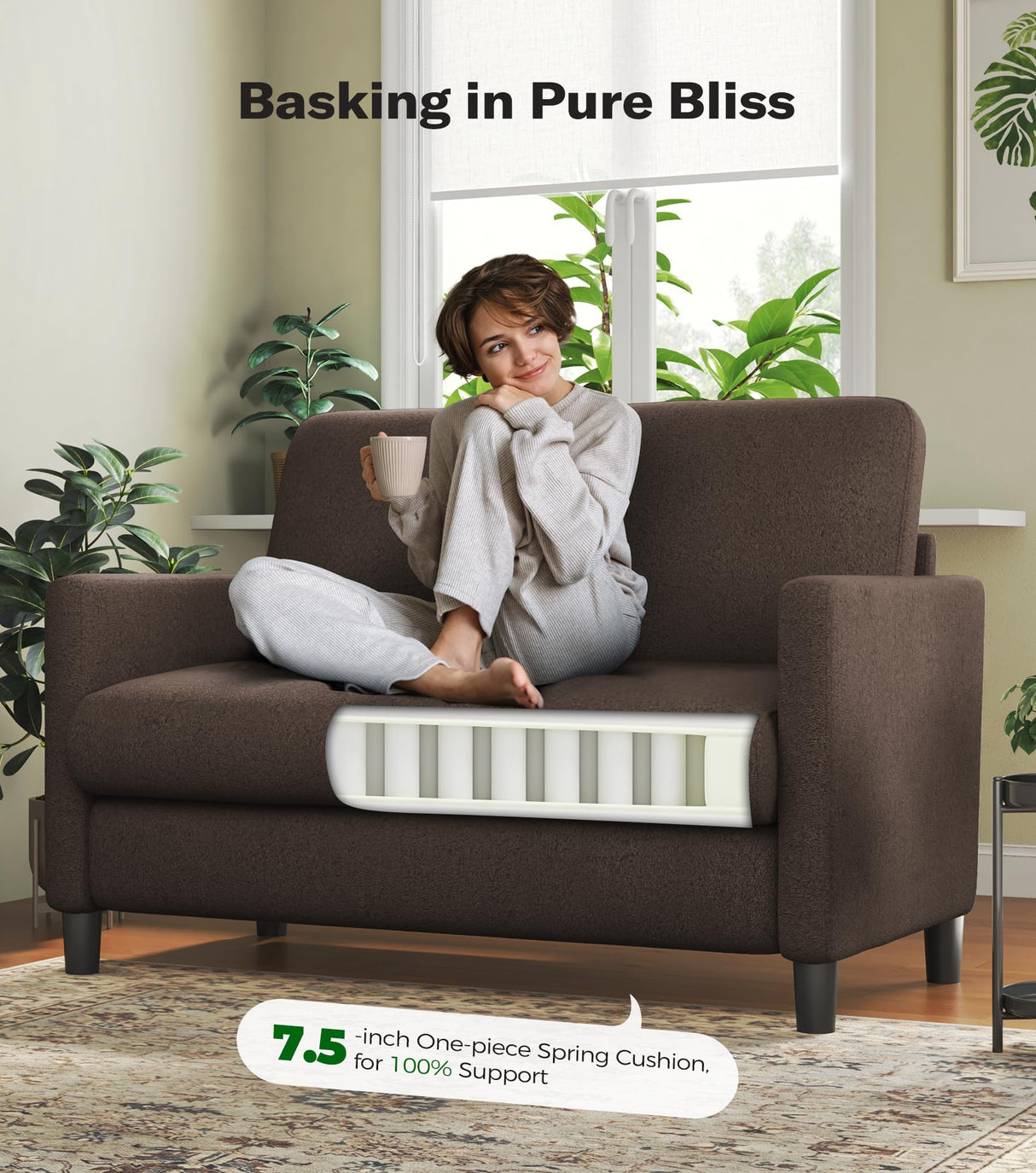 Welzona Loveseat Sofa, 51" Small Sofa Couch for Bedroom, Comfy Teddy Love Seat, Tool-Free Setup Sofas for Living Room, All-Wood Small Couches for Small Spaces, Small Couch No Pillow Include, Brown Welzona