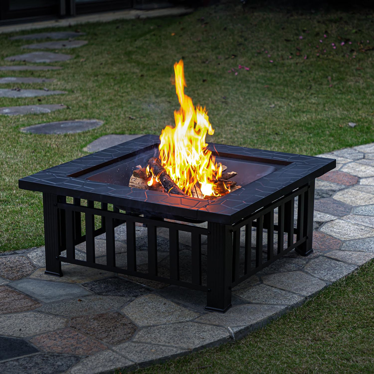 Panovue Multifunctional Fire Pit Table 32 inch Square Metal Firepit Stove Backyard Patio Garden Fireplace for Camping, Outdoor Heating, Bonfire and Picnic Panovue