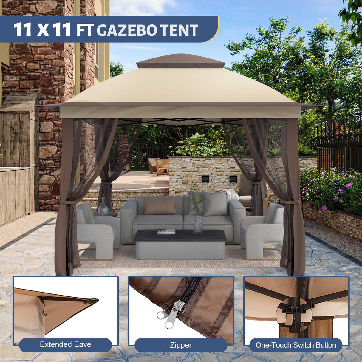 11'X11' Gazebo Pop Up with 4 Sidewalls Mosquito Netting, Heavy Duty Patio Gazebo Canopy Tent with Double Air Roofs for Backyards, Patios, Decks, Gardens, Parks Yokayoay