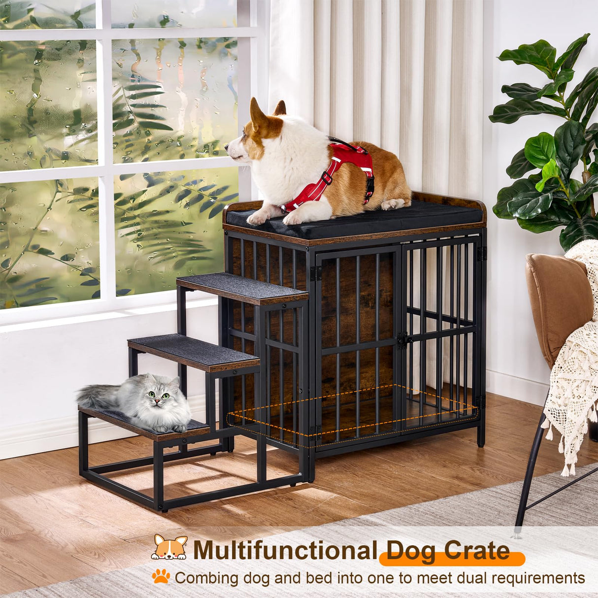 Snughome Dog Crate Furniture with Stairs, 41.73‘’ Wooden Dog Kennel Indoor with Double Doors, Furniture Style Dog Crate with Cushion for Dogs, Heavy Duty Dog Cage for Small/Medium Dogs, Rustic Brown Snughome