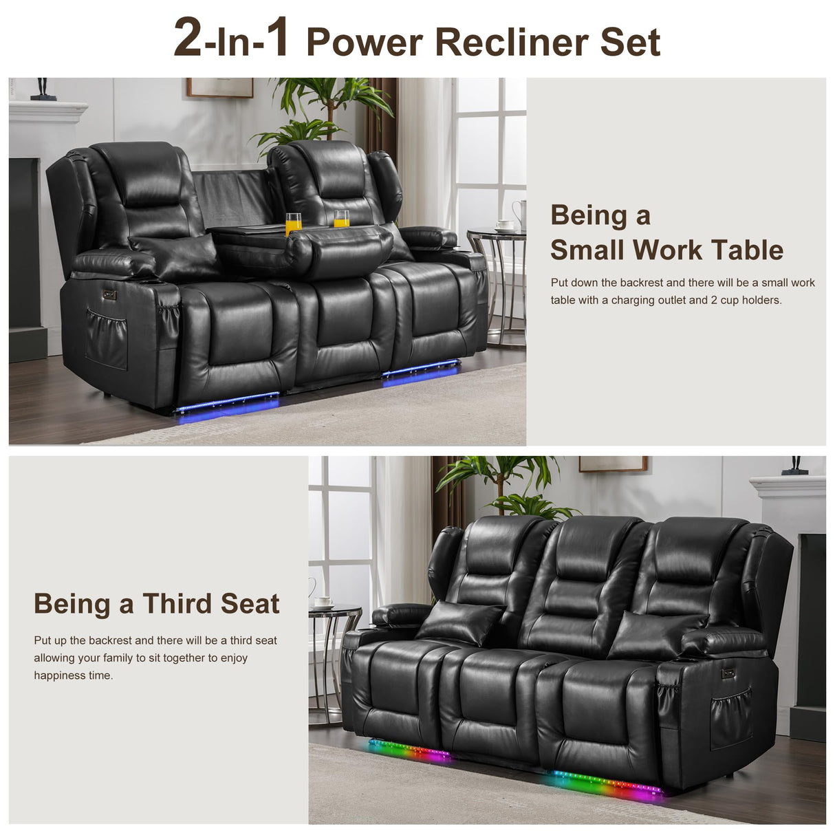 DRMBOOK RV Power Loveseat Recliner Sofa, Faux Leather 3-Seater Wall Hugger Reclining Sofa, Home Theater Seating Chair with Cup Holders, 3 Person Couch RV Furniture for Living Room, Black DRMBOOK