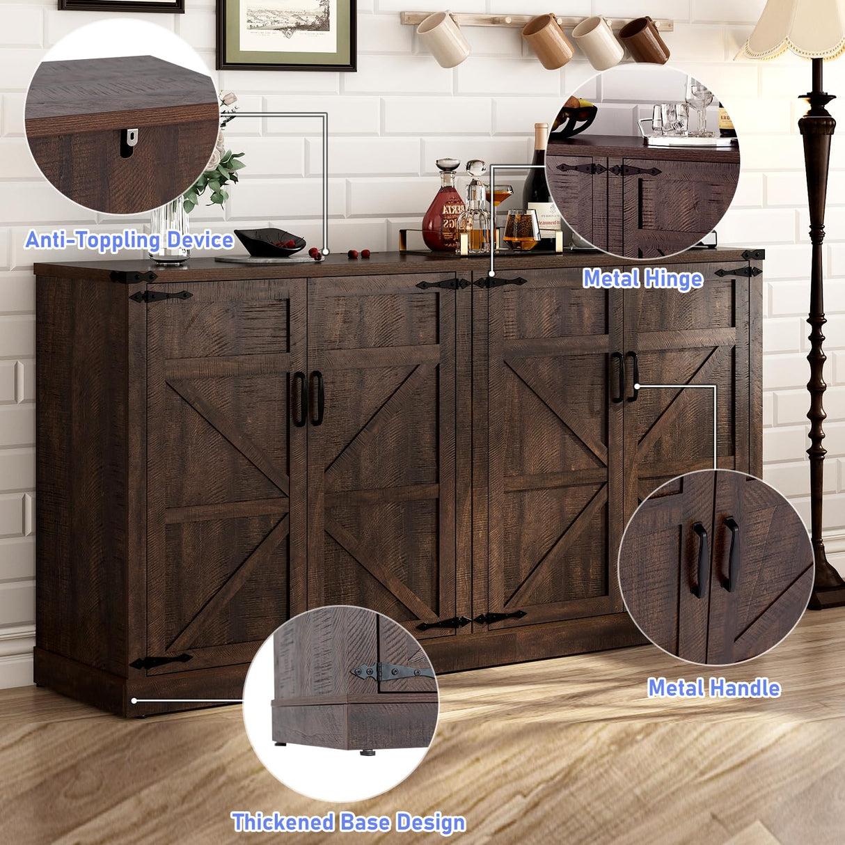 Sideboard Buffet Cabinet with Storage - 65 Inch Farmhouse Kitchen Pantries Sideboard Cabinet with Adjustable Shelves, Wooden Coffee Bar Cabinet Buffet Table for Kitchen, Dining Room, Brown chartustriable