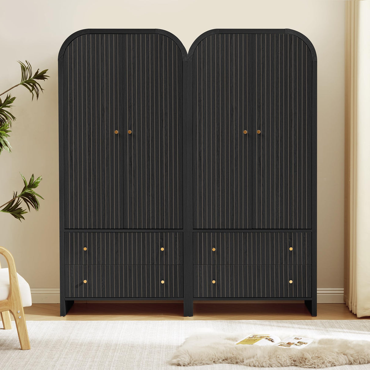 LEVNARY Arched Armoire Wardrobe Closet, Mid-Century Modern 2-Door Freestanding Wardrobe with Hanging Rod and 2 Drawers, Fluted Carved Clothing Storage Cabinet for Bedroom (Black) LEVNARY